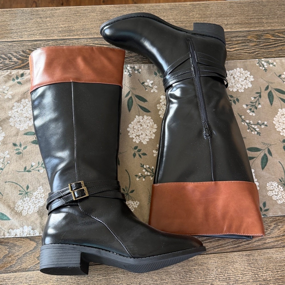 So Trixie Black Riding Boots‎ Knee High Women’s 8 Brown Trim Side Zip New Shiny